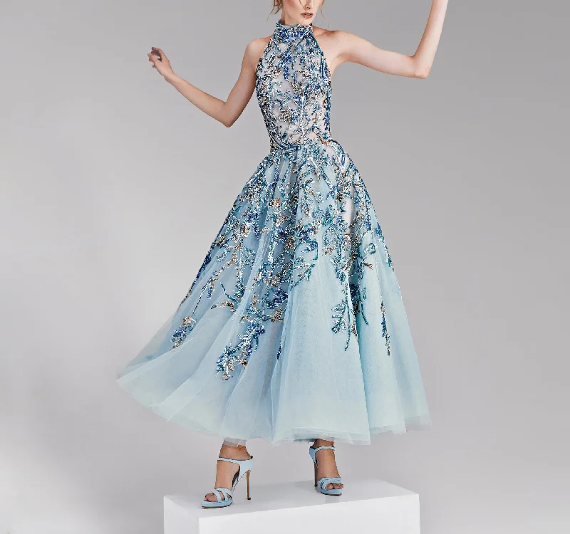 Midi Blue Dress with A Halter Neckline