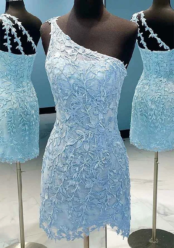 Sheath/Column One-Shoulder Sleeveless Short/Mini Lace Homecoming Dress with Beading