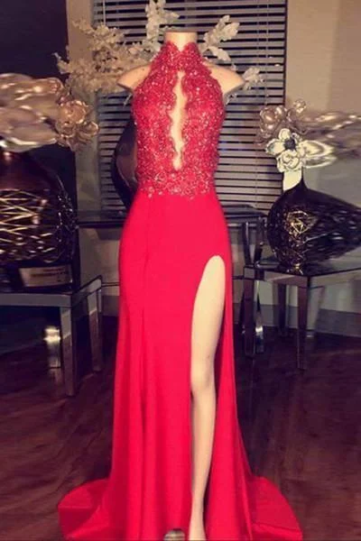 Red chiffon lace halter long slit dress evening dress for prom
