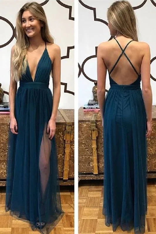 Sexy A Line Spaghetti Straps Blue Tulle Prom Dress with Split Criss Cross Evening Dresses Sexy A Line Spaghetti Straps Blue Tulle Prom Dress with Split Criss Cross Evening Dresses