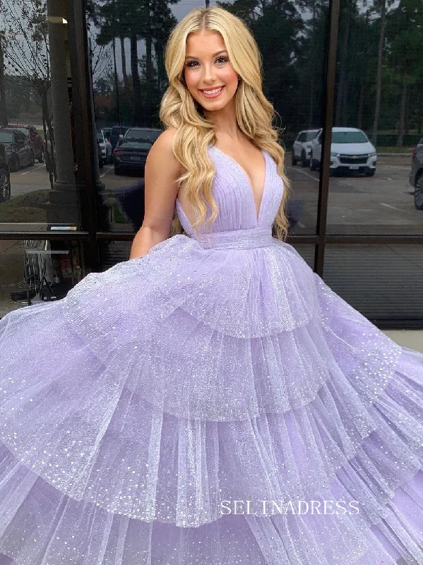 A-line V neck Lilac Ruffles Sparkly Rhinestone Long Prom Dresses lpk900