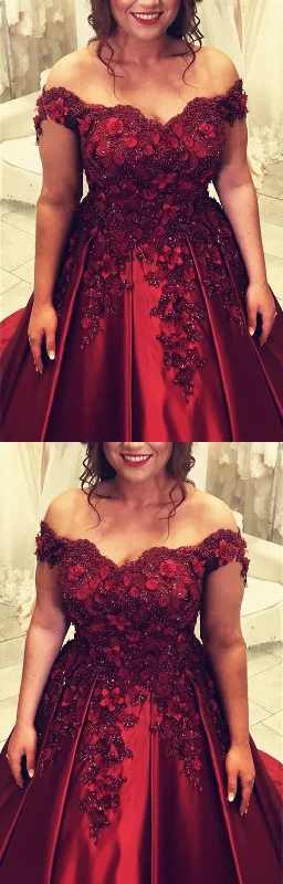 Plus Size Prom Dresses Burgundy Ball Gown With 3D Flowers   cg22154