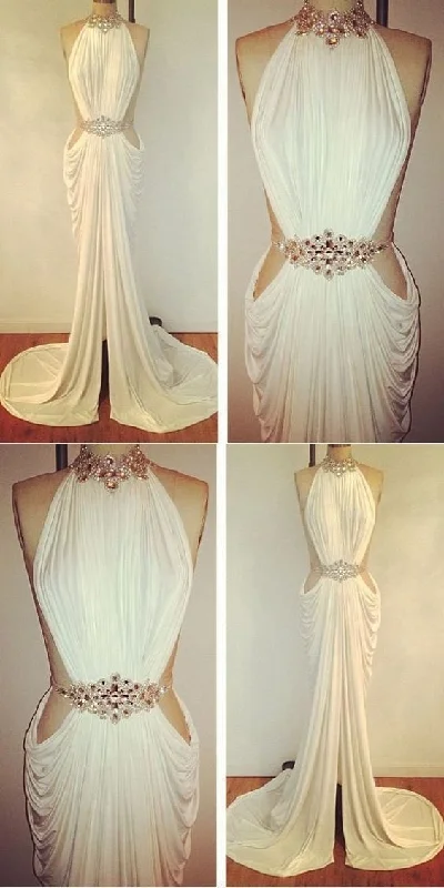 Sexy Prom Dresses Sheath Column High Neck Rhinestone Long White Prom Dress      cg22581