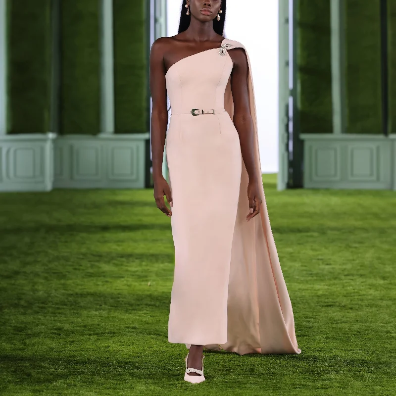 One Shoulder Crepe Dress with Showel