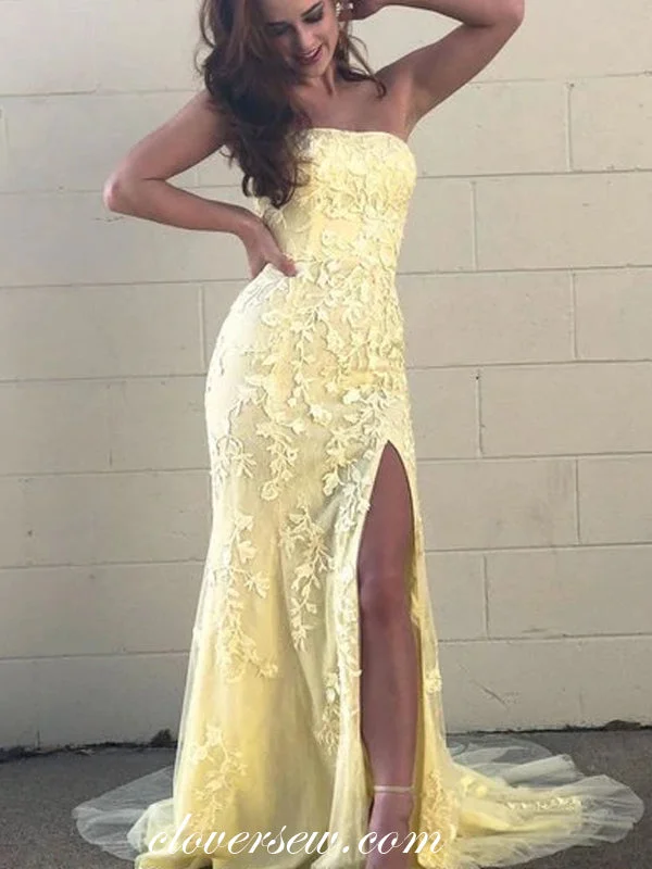 Yellow Lace Applique Strapless Side Slit Sheath Prom Dresses ,CP0423