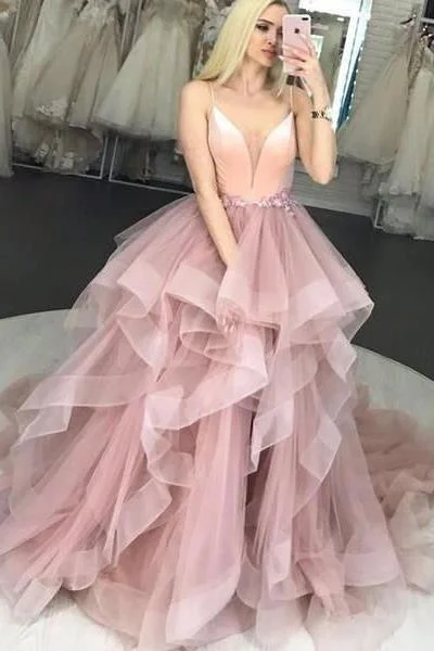 Pink Tulle Spaghetti Straps Ruffles Ball Gown Prom Dresses V Neck Long Evening Dresses