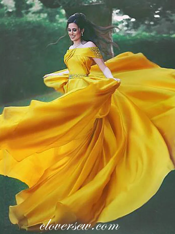 Yellow Off The Shoulder Bead Belt A-line Prom Dresses, CP0464