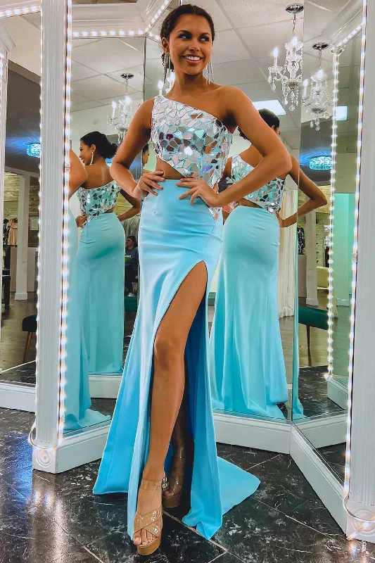 One-Shoulder Red Cut Glass Mirror Cutout Long Formal Dress