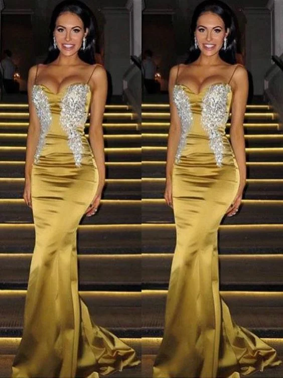 Mermaid Sleeveless Spaghetti Straps Sweep/Brush Train With Beading Satin Prom Dresses      cg22478