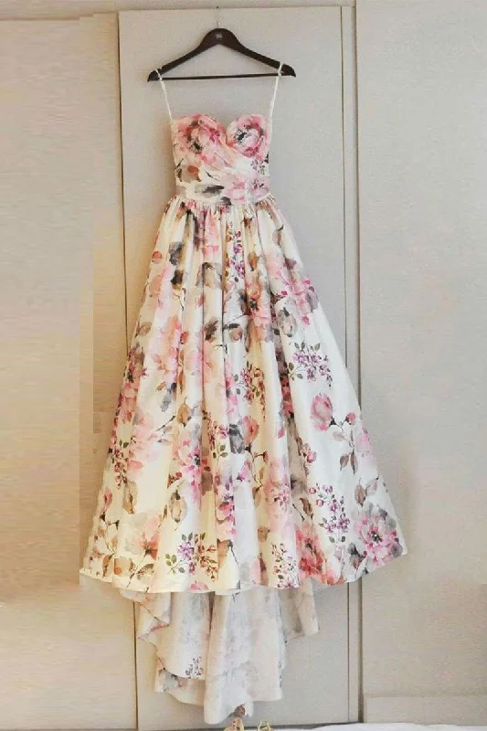 Simple Sweetheart Long Prom Dresses Floral Strapless Evening Dresses