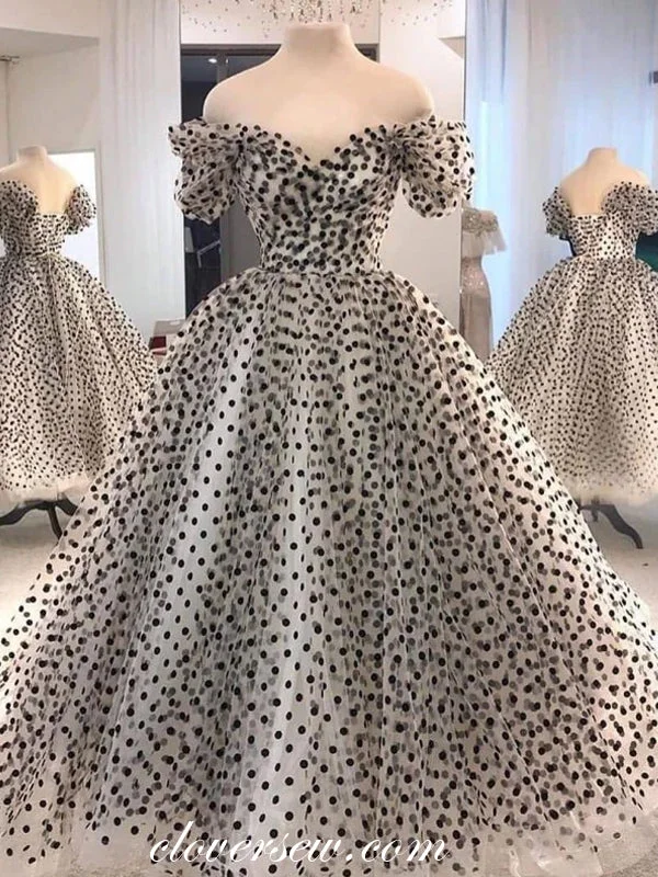 Black Dot Tulle Off The Shoulder Vintage Ball Gown Prom Dresses, CP0451