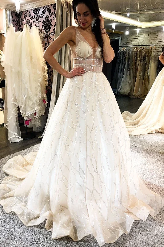 Sexy Ivory Sequins V Neck Long Prom Dresses Backless Vintage Evening Dresses
