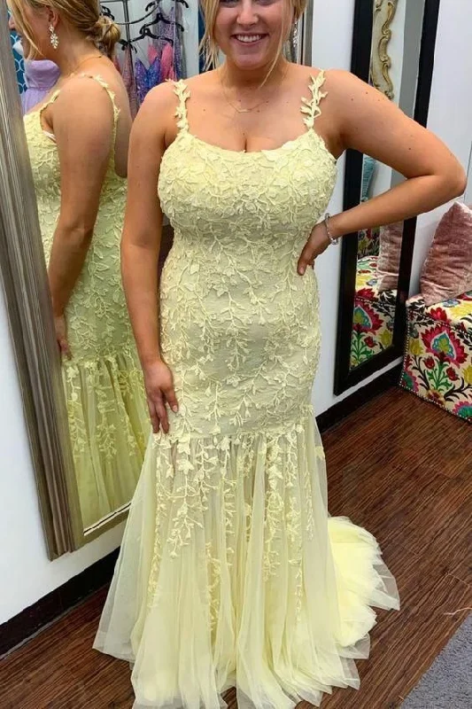 mermaid yellow lace appliques long prom dress     cg22593