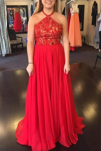 Red chiffon lace top halter A-line long evening dresses formal dresses for