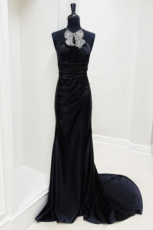 Chic Satin Mermaid Sleeveless Beaded Party Prom Dress