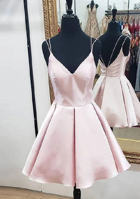 A-line V Neck Sleeveless Satin Short/Mini Homecoming Dress With Ruffles