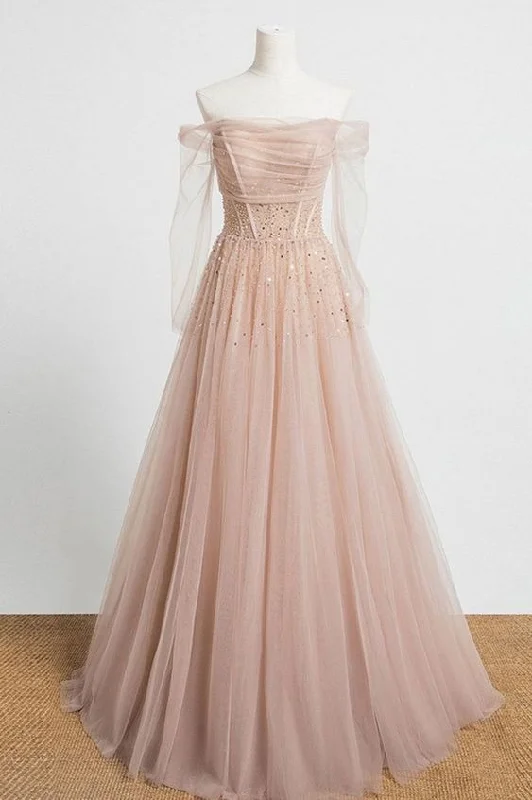 stunning long sleeves nude pink long formal dress prom dress   cg22413