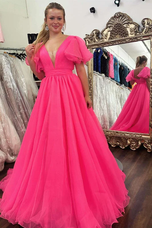 Pink Tulle A-Line V-Neck Short Sleeves Party Prom Dress