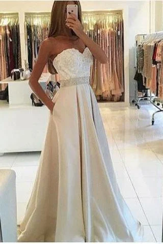 New Arrival Appliques Sleeveless Strapless Sweetheart Pockets A-Line Long Evening Dresses