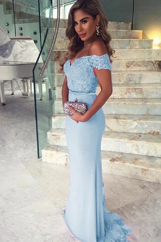 Mermaid Sky Blue Off the Shoulder Prom Dresses Long Sweetheart Satin Evening Dress