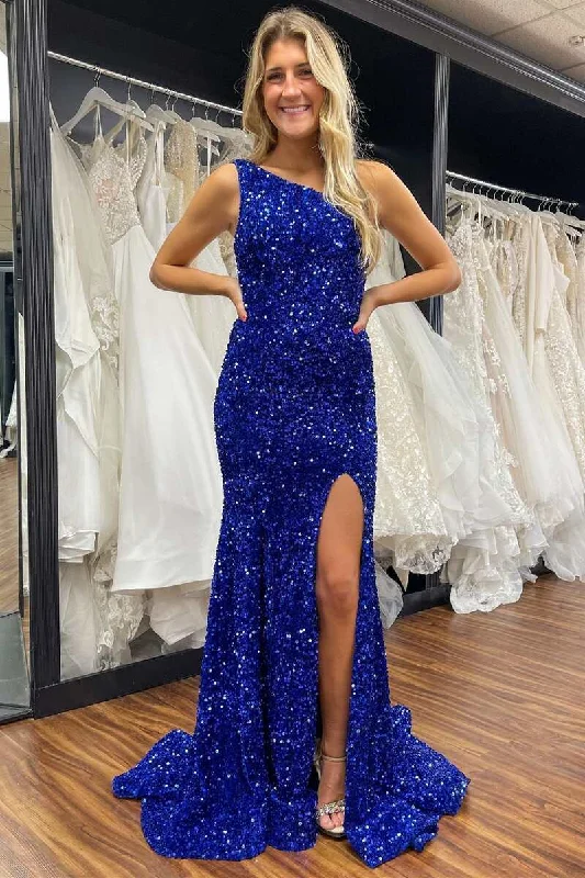 One-Shoulder Royal Blue Sequin Mermaid Long Formal Dress