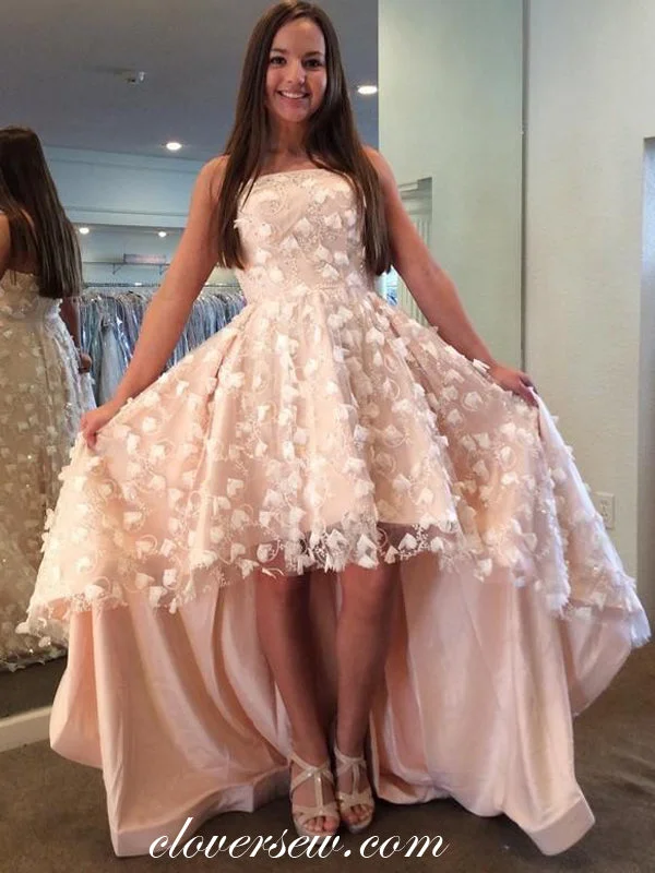 Pink 3D Lace High Low Strapless A-line Prom Dresses, CP0461
