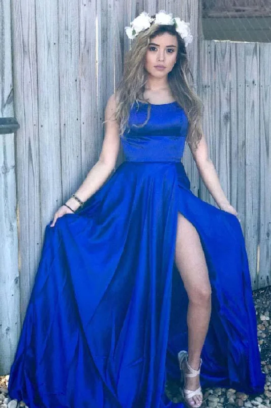 Sexy A line Blue Prom Dresses with High Slit Criss Cross Sleeveless Evening Dresses
