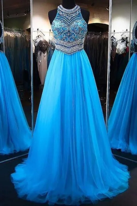 A-Line Blue Jewel Sleeveless Beading Tulle Dresses Sweep Train Party Dress Tunics Sophisticated sleek