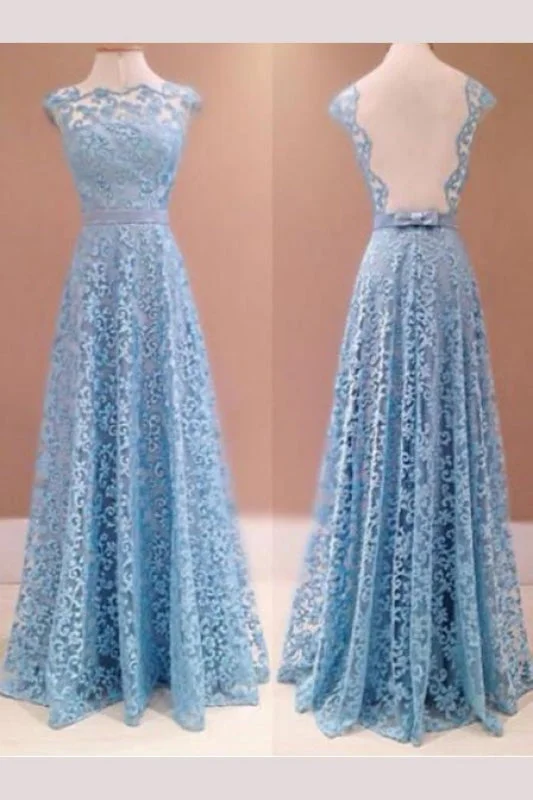 A-line Blue Sleeveless Lace Floor-length Prom Sexy Evening Dresses Glittery Long Formal