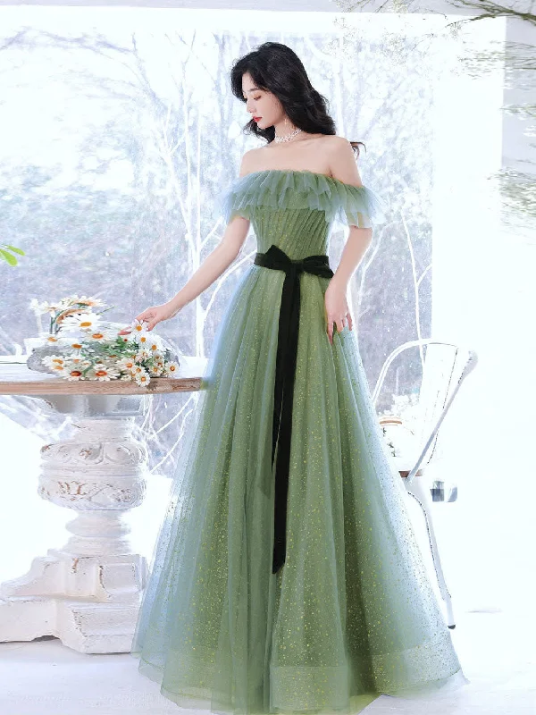 A line Green Long Prom Dresses, Green Tulle Formal Graduation Party Dress Tunics Hiking breathable