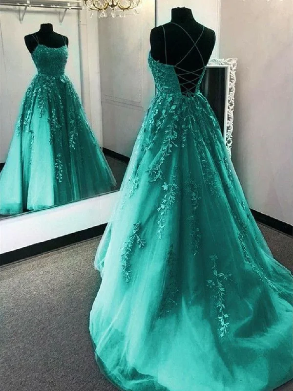 A Line Green Tulle Lace Backless Long Prom Dresses, Open Back Green Lace Formal Evening Dresses Tunics Prom sequined