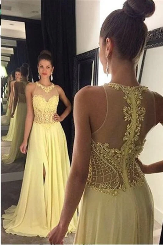 A Line Jewel Sleeveless Appliqued Prom with Beading Yellow Chiffon Evening Dress Off-the-shoulder Bohemian Festive