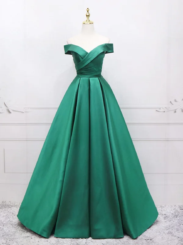 A-Line Off Shoulder Green Satin Long Prom Dresses, Green Evening Dresses Tunics Long Elegant