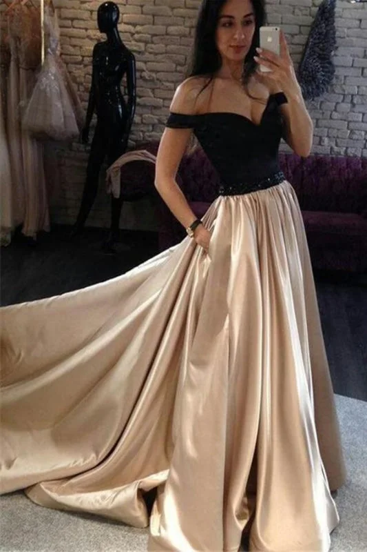 A Line Off the Shoulder Long Prom Floor Length Sexy Evening Dress with Black Top Tunics Party sparkling