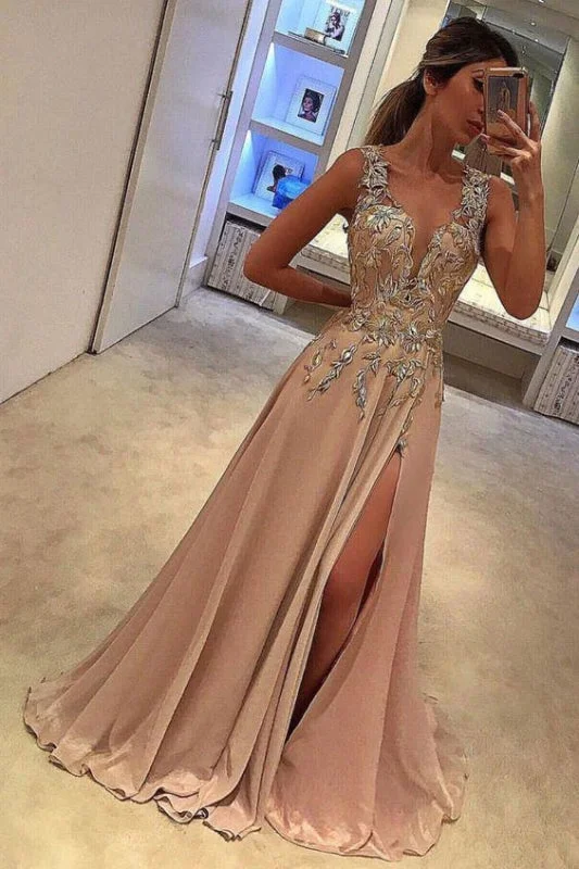 A Line Split Deep V Neck Sleeveless Prom with Appliques Long Evening Dress Tunics Review highly