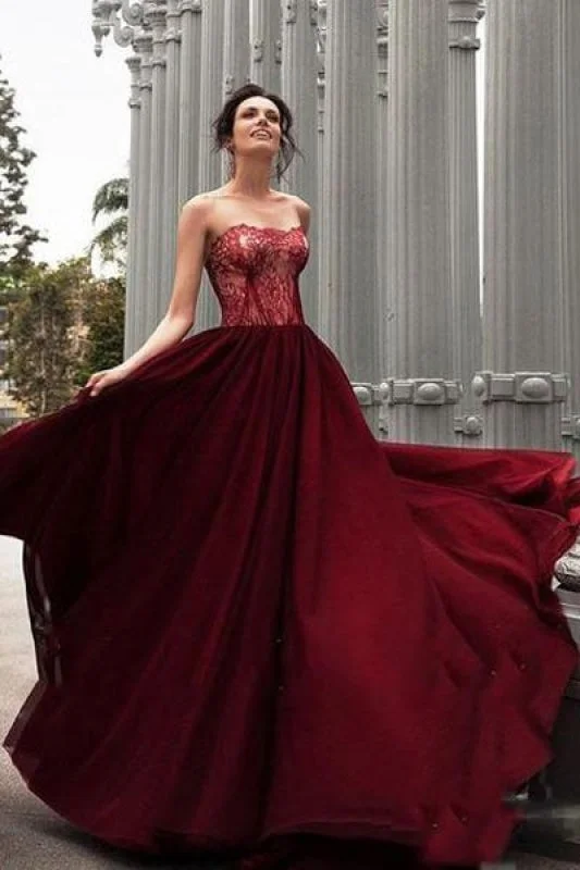 A-Line Strapless Burgundy Long Prom With Lace Charming Evening Dress Square Neckline Feminine