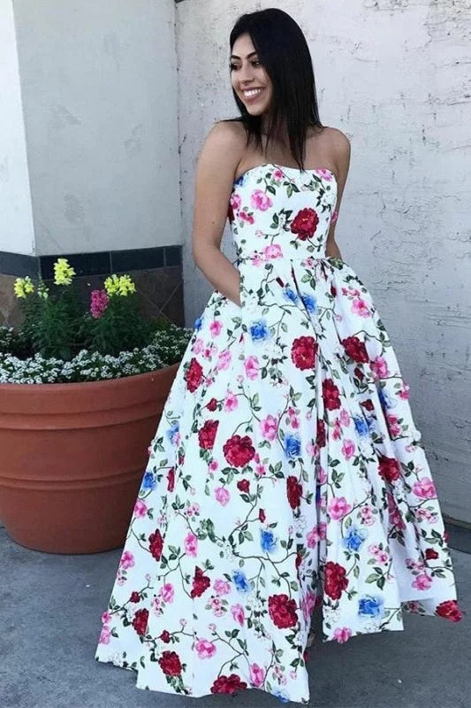 A-Line Strapless High Low White Printed Prom with Pockets Floral Party Dress Tunics Prom sequined