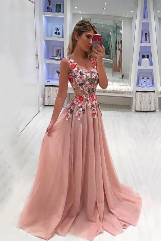 A Line Straps Appliqued Prom Dress Cheap Sweep Train Tulle Evening Dresses Tunics Long Elegant