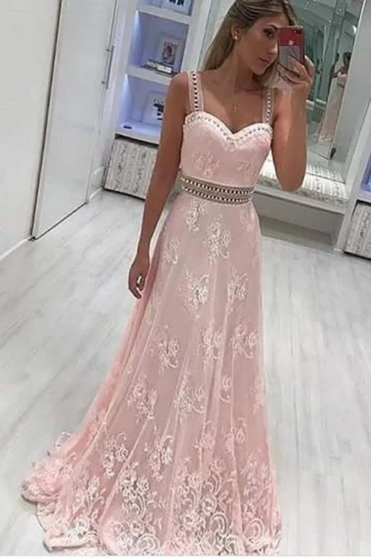 A Line Straps Lace Appliqued Prom Dress with Beads Light Pink Long Party Dresses Boatneck Modish Everyday