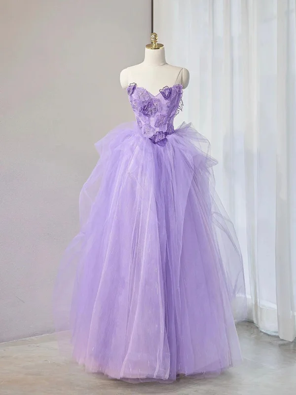 A Line Sweetheart Neck Tulle Purple Long with 3D Flowers, Purple Sweetheart Neck Tulle Lace Applique Long Formal Evening Dresses Turtleneck Warm Winter