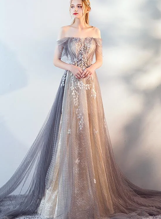 A-line Tulle and Lace Off Shoulder Long Party Dress, Unique Style New Prom Dress Evening Dress Tunics Seasonal trendy