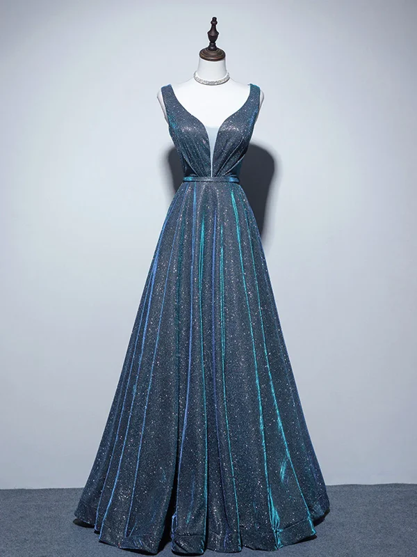 A Line V Neck Blue Long Prom Dresses, Blue Stain Long Formal Evening Dresses Sequined Elegant Party