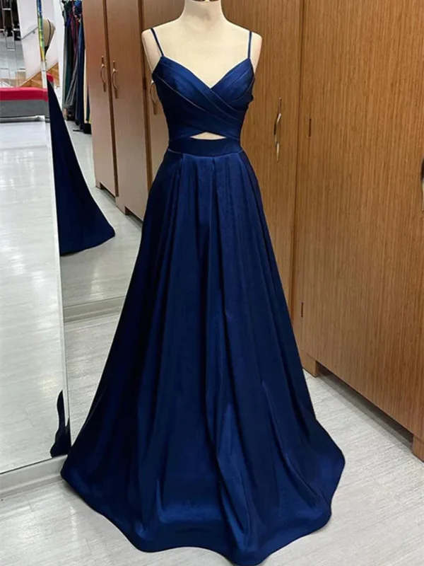 A Line V Neck Blue Satin Long Prom Dresses, V Neck Long Blue Formal Graduation Evening Dresses Tunics Office stylish