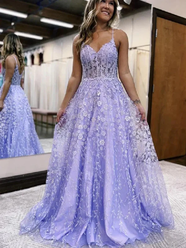 A Line V Neck Lilac/Gold Lace Floral Long Prom Dresses, Purple/Gold Lace Tulle Long Formal Graduation Evening Dresses Tunics Prom sequined