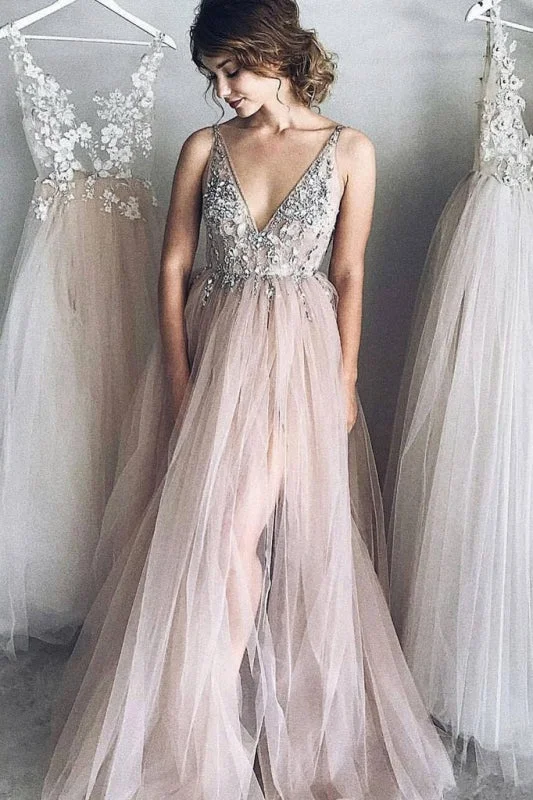 A-line V neck Long Tulle New Arrival Appliques Prom Dresses with Beads Party Dress Boatneck Modish Everyday