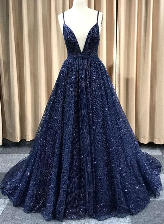 A Line V Neck Navy Blue Shiny Long Prom Dresses, Charming Blue Tulle Party Dress Evening Dress Turtleneck Warm Winter A Line V Neck Navy Blue Shiny Long Prom Dresses, Charming Blue Tulle Party Dress Evening Dress Turtleneck Warm Winter