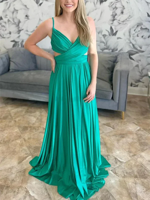 A Line V Neck Open Back Green Long Prom Dress, A Line V Neck Backless Green Long Formal Graduation Evening Dress Tunics Exclusive limited