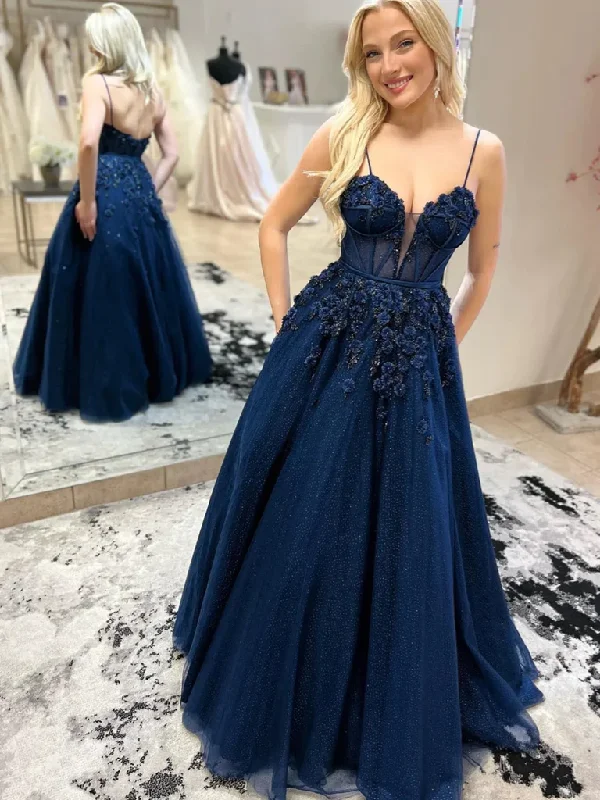 A Line V Neck Open Back Navy Blue Floral Long Prom Dresses, Navy Blue Open Back Long Formal Evening Dresses with 3D Flowers Tunics Long Elegant