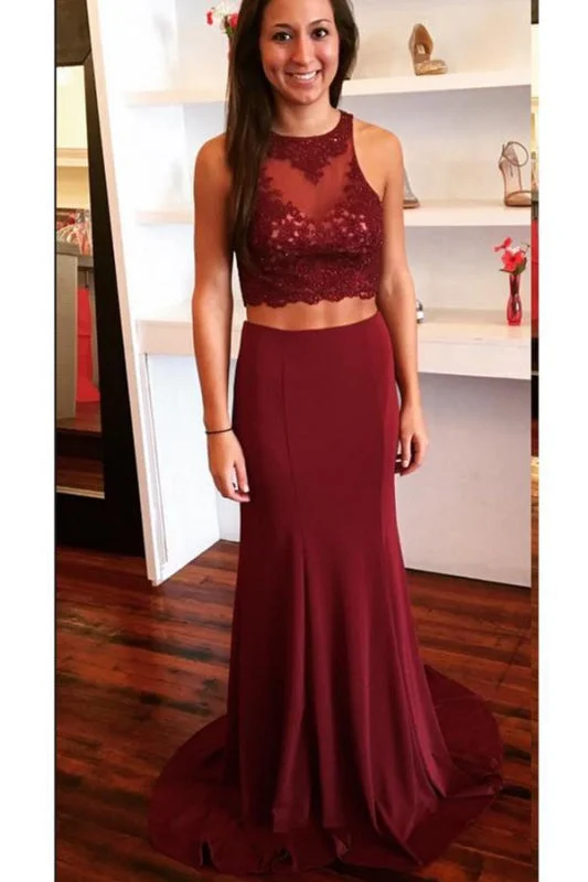 Amazing Wonderful Burgundy Two Piece Open Back Prom with Lace Sweep Train Evening Dress Tunics Canvas sturdy