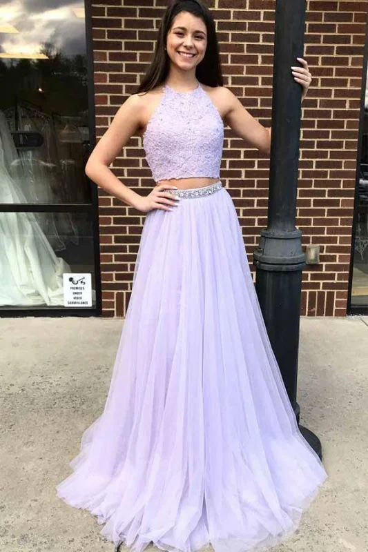 Attractive Modest Two Piece Halter Lavender Prom With Beading Floor Length Tulle Evening Dress Tunics Stylish modern